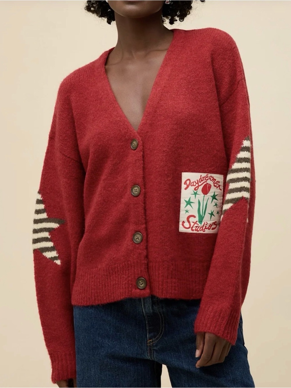 Daydreamer Red  Boxy Knit Button-Up V-Neck Cardigan Star Elbow Detail L NWT